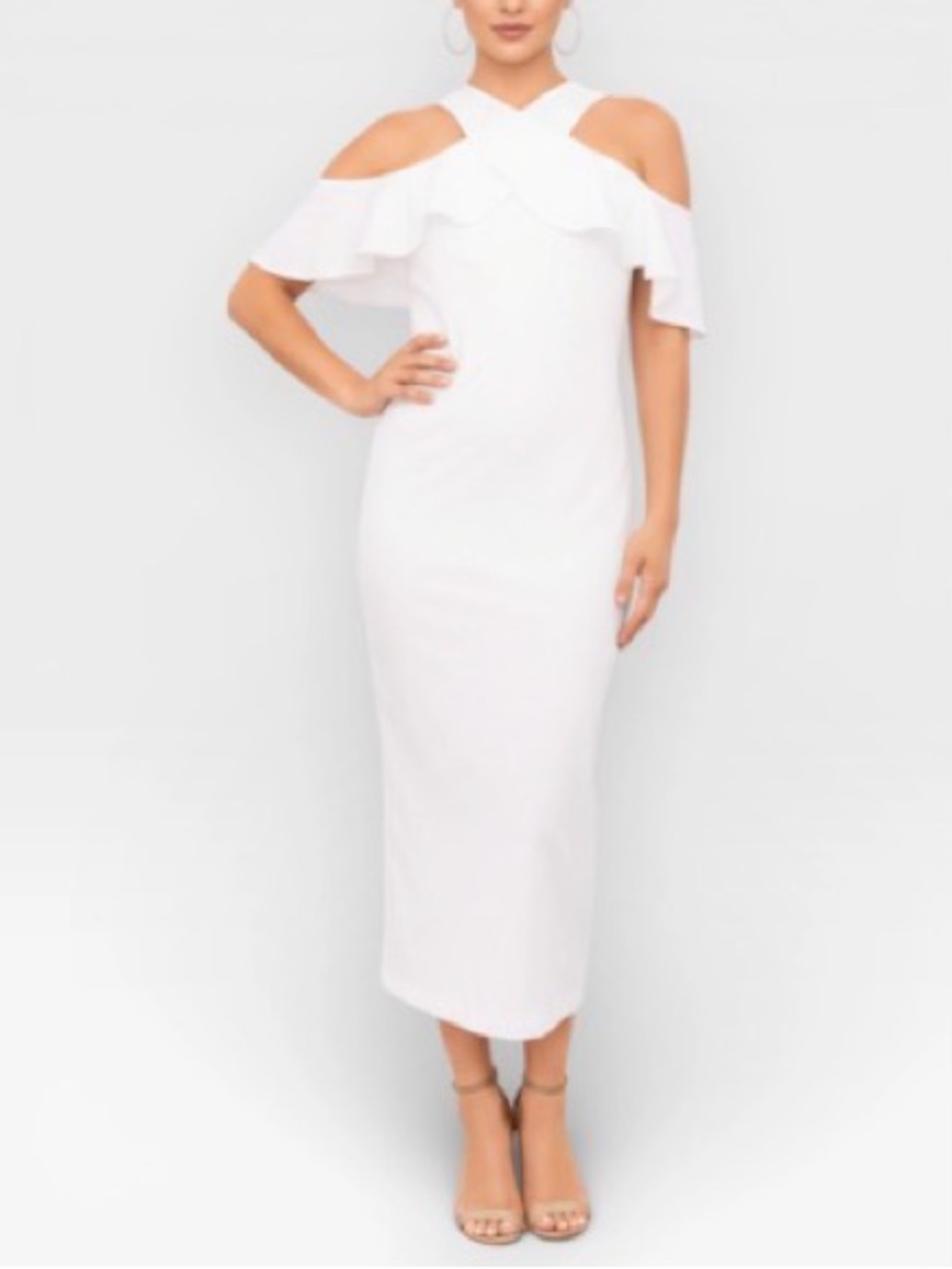 RACHEL Rachel Roy Jolie Off Shoulder Ruffle Midi Dress MEDIUM white eggshell